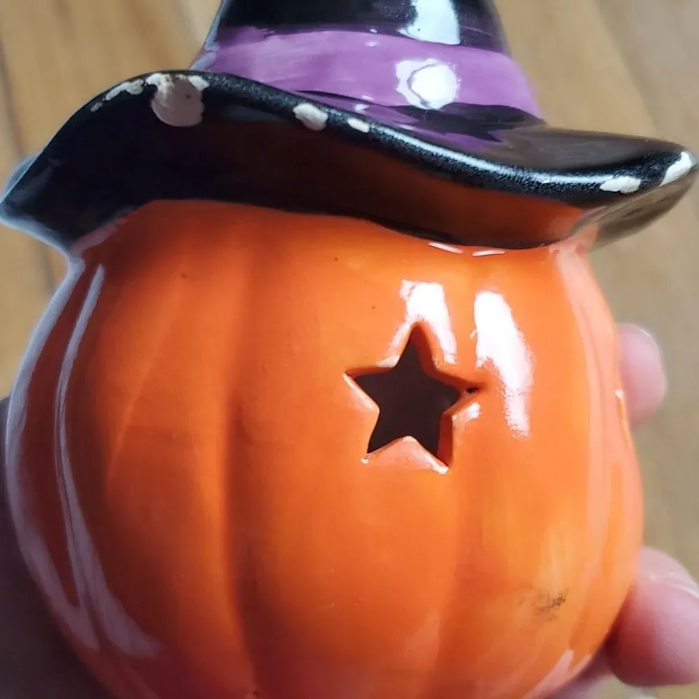 Ceramic pumpkin Halloween witch‎ hat candle holder